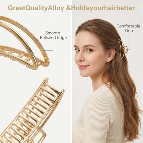Lukacy 6 Pack Gold Metal Hair Clips 4 Inch Large Jaw Clips For Women Strong Hold Hair Claws For Thick Or Thin Hair Fashion Hair Accessories