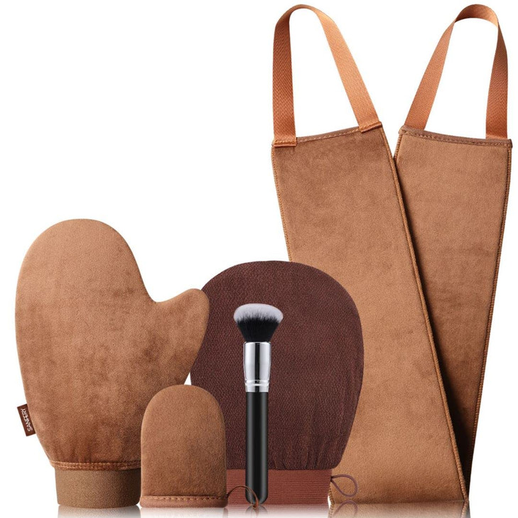 Sanfery 5 Piece Self Tanning Mitt Kit With Self Tanner Back Applicator Self Tanning Brush Exfoliating Mitt And Accessories For Flawless Tan