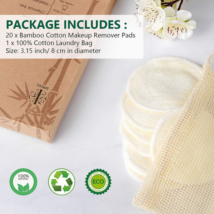 20 Packs Organic Reusable Makeup Remover Pads Washable Bamboo Cotton Rounds For All Skin Types With Cotton Laundry Bag