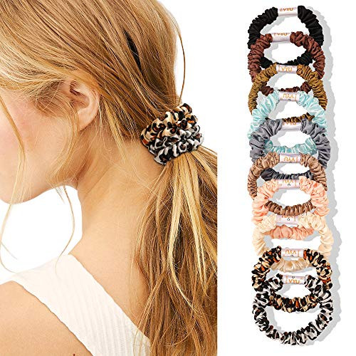 Scrunchies Silk Satin Hair Ties Small Mini Thin Elestics Ponytail Holder Hair Bands Skinny Scrunchy For Thick Curl Hair No Crease Hair Ties
