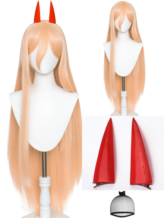 Power Cosplay Wig 39 Long Straight Anime Orange Wigs With Bangs Plus Horns