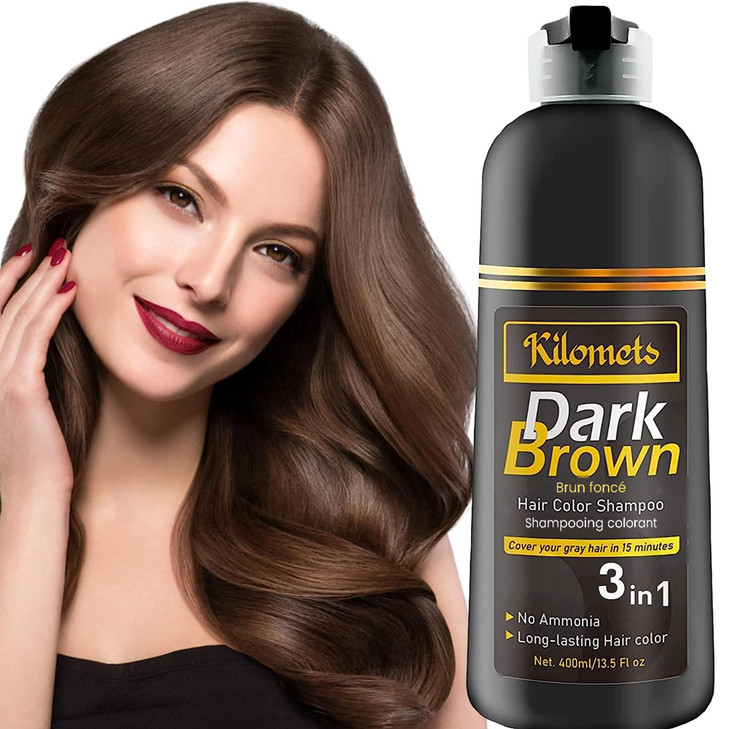Kilomets Dark Brown Hair Color Dye Shampoo 400Ml 100 Percent Grey Coverage In Minutes Ammonia Free Gray Silver Hair Dye Shampoo