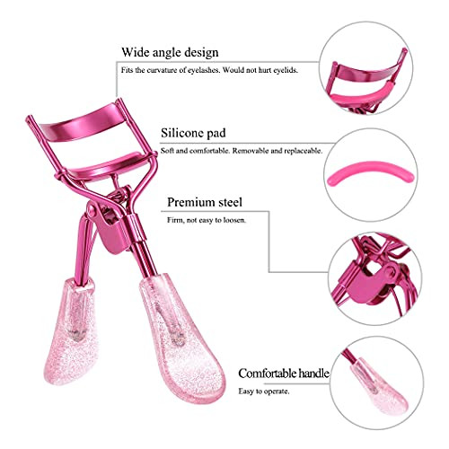 Uranian Eyelash Curlers Pink Lash Curler With 2 Silicone Refill Pads Glitter Handle Eye Lashes Curler Eyelashes Tool For Women And Girls