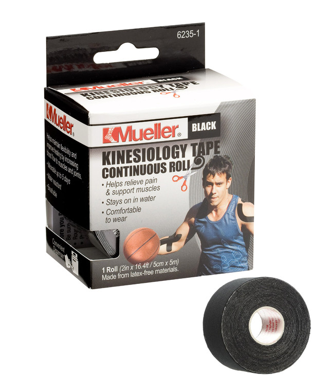 MUELLER Sports Medicine Kinesiology Tape, Quality Therapeutic Athletic Tape, Continuous Roll, Latex Free, 2" x 16.4 Feet, Black