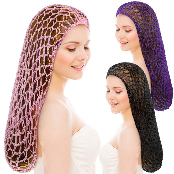 Waydress Hairband 3 Pieces Mesh Crochet Hair Net Cap Soft Rayon Snood Hat Sleeping Cap Hair Accessories For Women Black Pink Purple