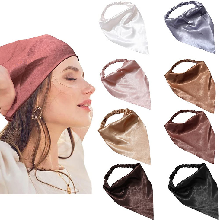 Dinprey Short Style Elastic Hair Scarf Headbands Silk Hair Bandanas Scarf Solid Head Kerchief Headbands With Clips For Women 8 Colors Set