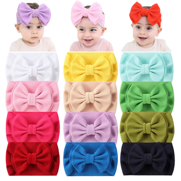 Cinaci 12 Pack Stretchy Elastic Wide Nylon Headbands With Solid Knot Big Hair Bow Headwraps Large Oversized Hair Bows Accessories For Baby