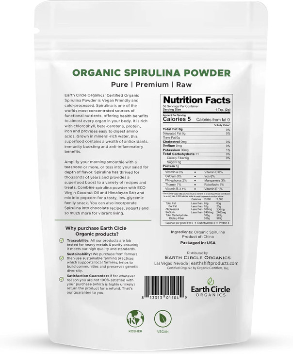 Spirulina Powder, Kosher, Raw and Non-Irradiated | Pure Vegan Protein | Premium Superfood, High in Amino Acids and Antioxidants - 4 Ounce