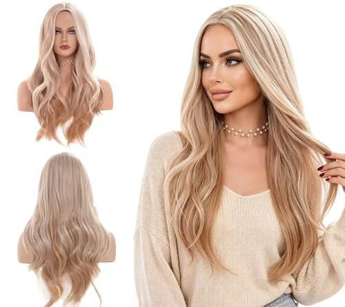 Gerulyss 26 Inches Light Blonde Mix Strawberry Blonde Wigs For Women Long Wavy Middle Part Wig Natural Looking Synthetic Fluffy Hair For