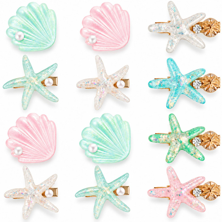 12Pcs Ocean Hair Clip Set Resin Starfish And Shell Pearl Barrettes Charming