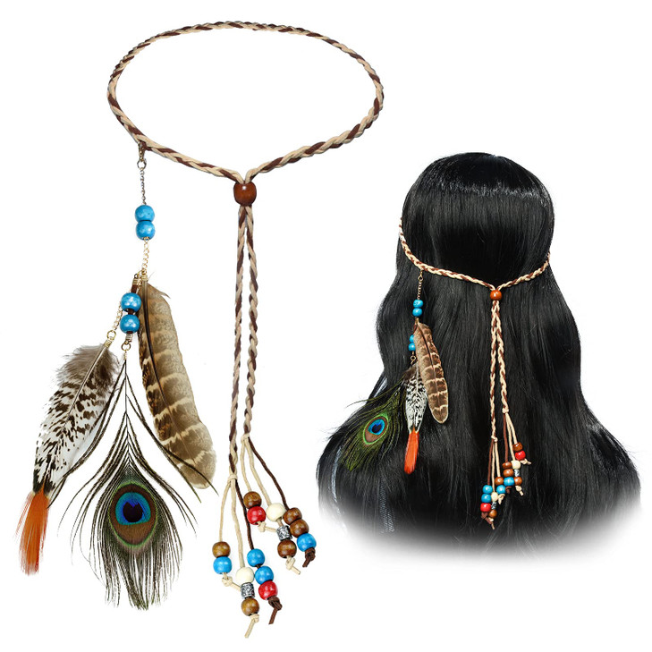 Obmwang Boho Feather Headbands Indian Feather Headband Peacoak Headpieces Festival Costumes Hair Accessories For Women And Girls
