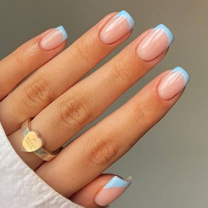 Rikview Press On French Tip Nails Oval Tips Glossy Fake False Nails With Design Full Cover Acrylic Nails Blue
