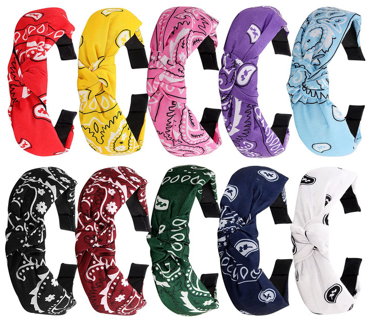 Tobatoba Knotted Paisley Hair Bandanas 10 Pack Wide Turban Headbands Vintage Boho No Slip Fashion Headbands For Women