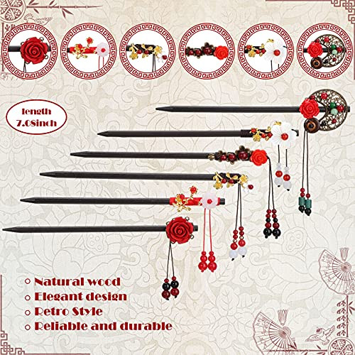 Willbond 6 Pcs Japanese Chinese Hair Sticks Wooden Vintage Red Tassel