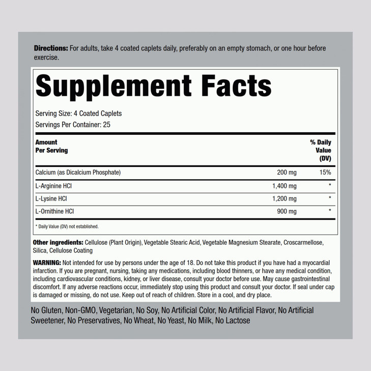 Piping Rock Tri Amino Supplement | 100 Caplets | Complex with L-Arginine, L-Ornithine, L-Lysine | Vegetarian, Non-GMO, Gluten Free