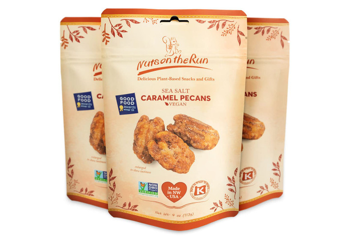 Nuts On The Run Sea Salt Caramel Pecan Pralines Candied Pecans With Salted Caramel Vegan Gluten Free Kosher Non Gmo Glazed Pecans 4Oz Pack