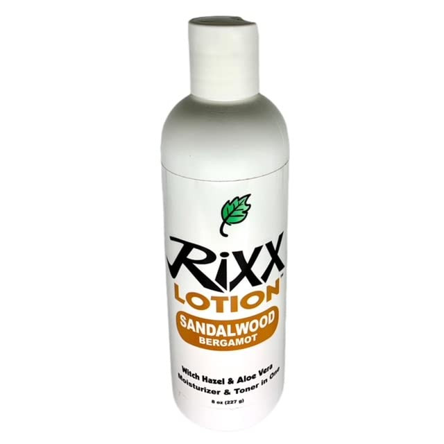 Rixx Lotion Sandalwood Bergamot Natural Herbal Blend Sport Cap With Witch Hazel Aloe Vera Shea Butter Hyaluronic Acid And Essential Oils.