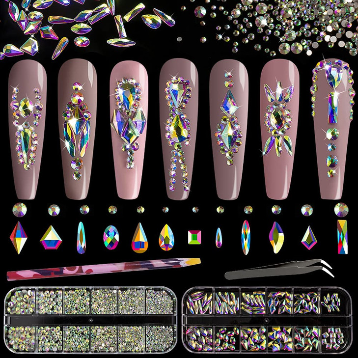 Multi Shapes 3D Glass Ab Crystal Nail Art Rhinestones Kit With Flatback Round Bead Charm Gem Stone Jewelry Diamond With Pickup Pen Plus