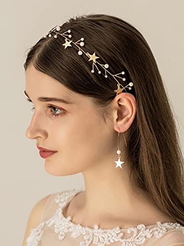 Jwicos Star Hairband Earrings Set Gold Princess Wedding Hair Accessories Handmade Barrette Beads Headpiece For Women And Girls Dainty Bead