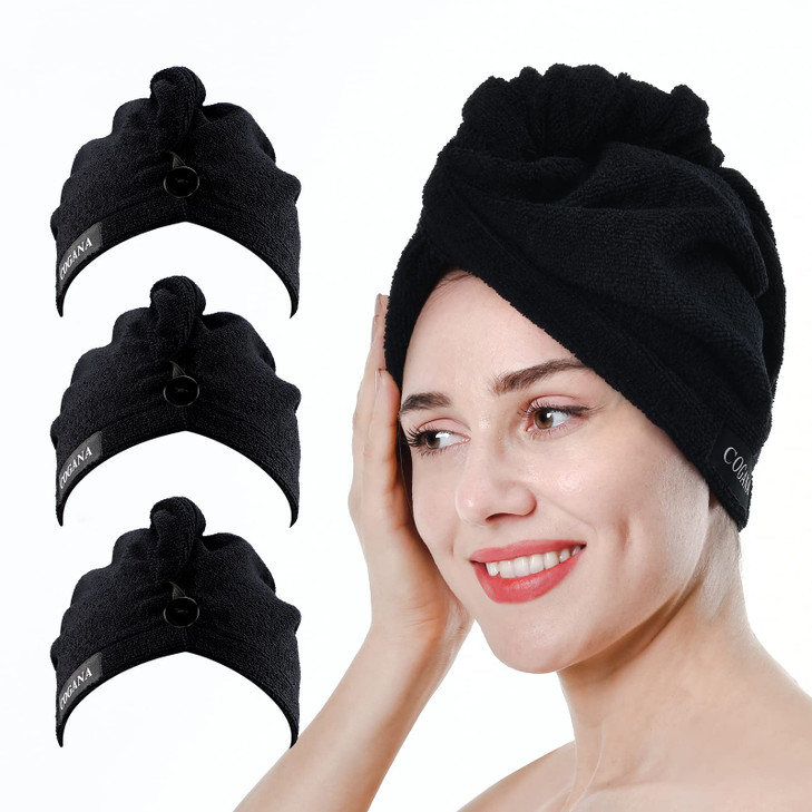 Cogana 3Pack Microfiber Hair Towels Wrap For Women Drying Towel Turban Curly Hair 10Wx28L Black