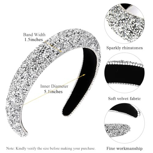 Wecoe Rhinestone Diamond Bling Glitter Sparkle Silver Fashion Headbands For Women And Girls Thick Padded Hair Accessories Gift
