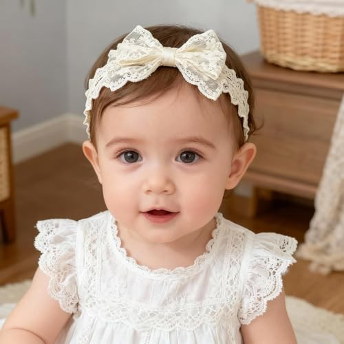 Ickeyou Handmade Baby Girl Headbands In Beige Baby Bows And Floral Lace Headband Bows For Newborns And Toddlers Cute Baby Girl Bows And