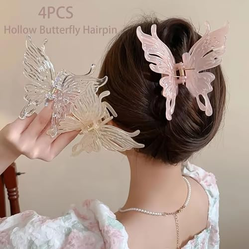 4 Pcs Hollow Butterfly Hair Clips Medium Hair Stylish Acetate Butterfly Hair Claw Dreamy Winged Hair Clips Non Slip Clamp Ponytail Holder