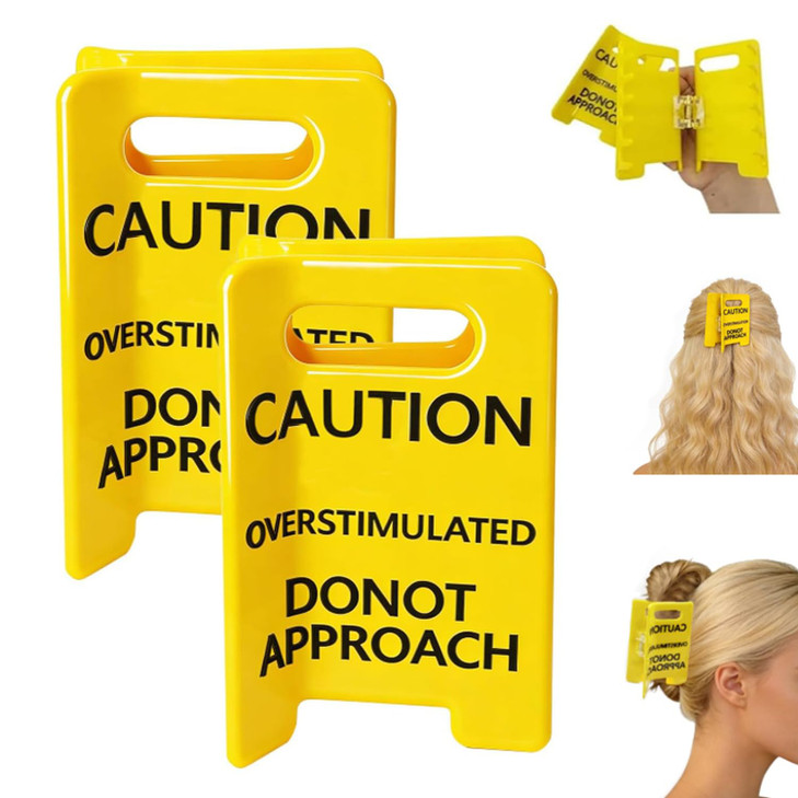 Jinjumei 2Pcs Overstimulated Caution Sign Hair Claw Clip Funny Hair Clips For Women Do Not Approach Sign Hair Claws Hair Clips For Thick