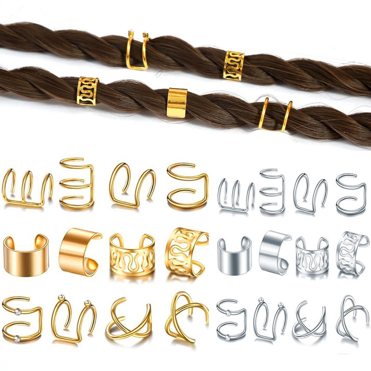 Rustamm 24 Pcs Gold Silver Hair Braids Dreadlock Non Piercing Ear Clip Beard Beads Cuffs Clip Hair Accessories Styling Fashion Jewelry Gift