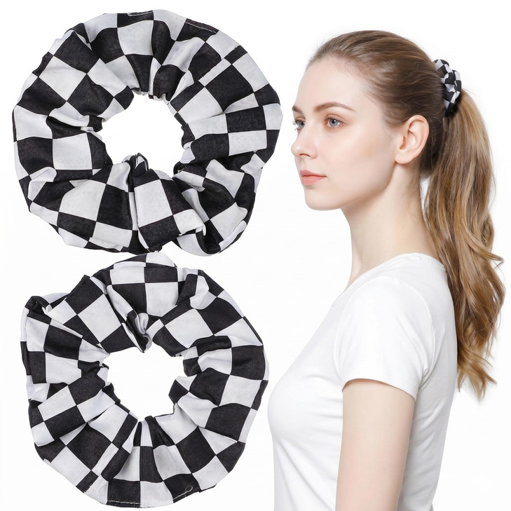 Amosfun 2Pcs Checkerboard Hair Scrunchies Black White Chiffon Hair Ties
