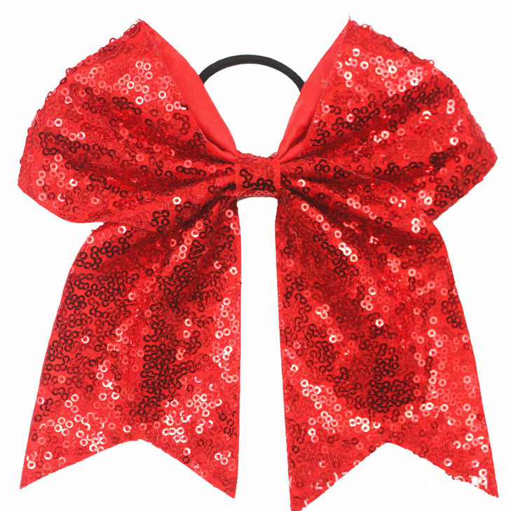 Xansema 6.5 Inches Sequins Hair Bows Elastic Hair Tie Ribbon Large Cheer Bow Ponytail Holder Hair Band For Women Girls Kids Teens Red