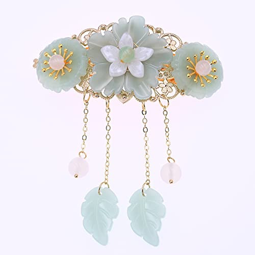 Miao Wu Chinese Style Hair Clip Ponytail Holder Long Tassel Hair Hairpin Jade Flower Pearl For Women Hanfu Cosplay Hair Accessories