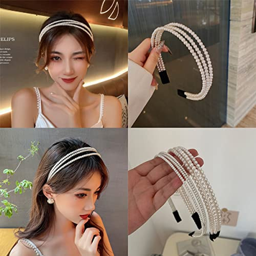 Kimuwhi 3 Rowspearl Headbands For Women White Bling Faux Pearl Bling Hairbands Bridal Hair Hoop Wedding Hair Accessories For Women Girls