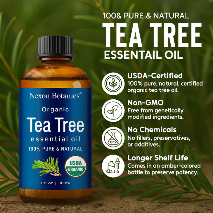 Organic Tea Tree Essential Oil 30 ml - Pure, Natural Oils for Aromatherapy, Diffusers, DIY, Candle and Soap Making Scent - Nexon Botanics