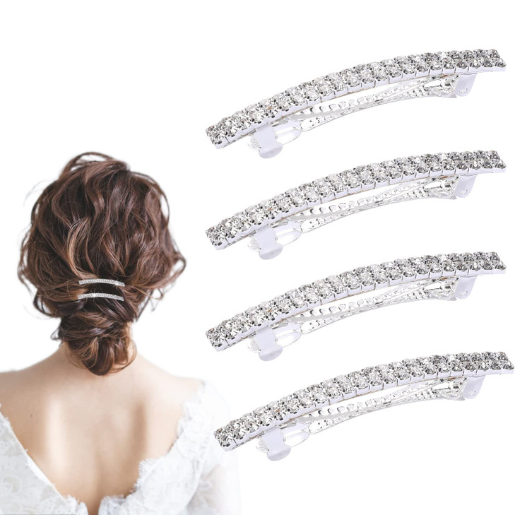 4 Pcs Sparkly Rhinestone Hair Barrettes With Bling For Women Silver Wedding Hair Jewelry For Girls