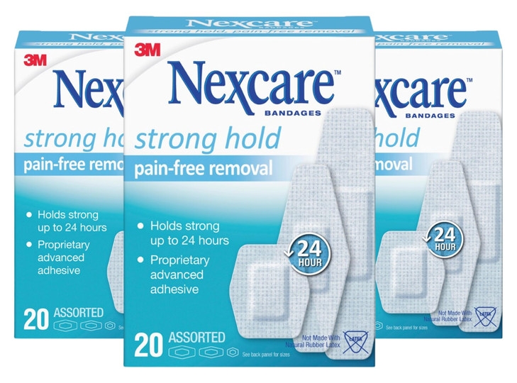 Nexcare Strong Hold Bandages, Assorted, 20 Bandages Per Box (3 Boxes), 20 Count (Pack of 3)