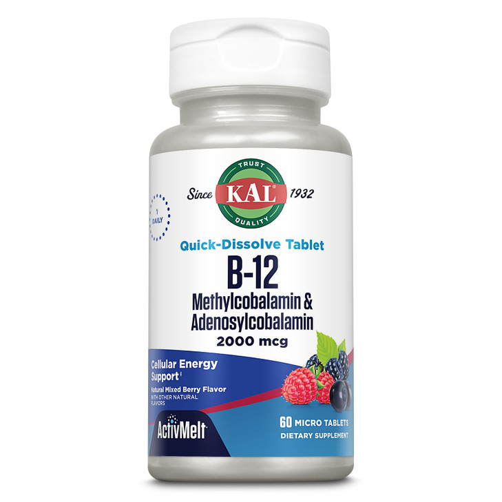 KAL Vitamin B12 Methylcobalamin and Adenosylcobalamin 2000 mcg ActivMelt, B12 Energy Supplements, Metabolism, Nerve, Red Blood Cell Support, High Abs