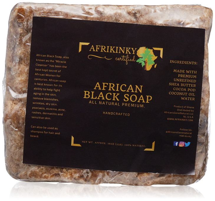 Afrikinky Premium Quality Authentic African Black Soap - Bulk 1lb Raw Organic Soap for Acne, Dry Skin, Rashes, Burns, Scar Removal, Face & Body Wash,