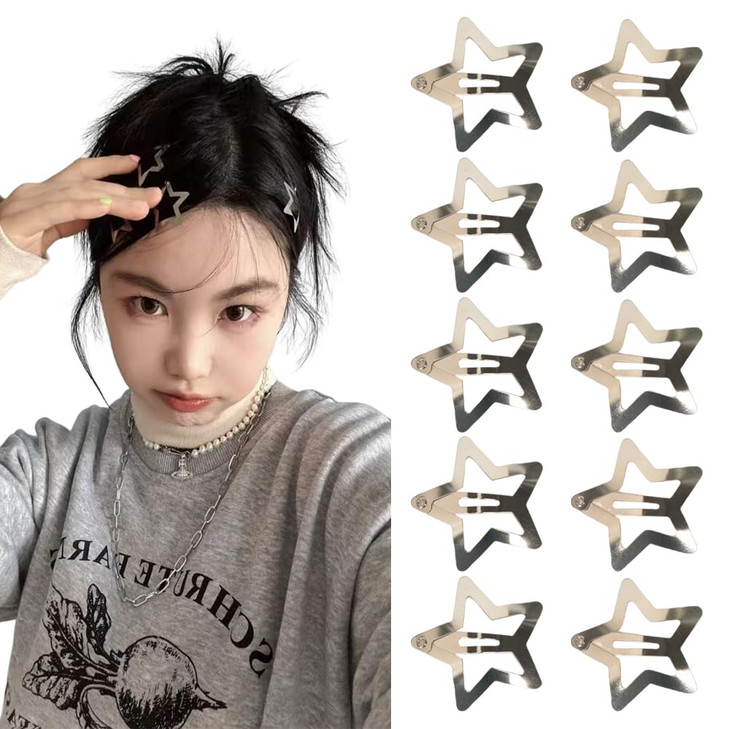 Star Snap Hair Clips Silver Y2K 2000S 10 Pieces Girls Hair Barrettes Hairclips Headpieces Non Slip Metal Stars Hair Accessories For Women