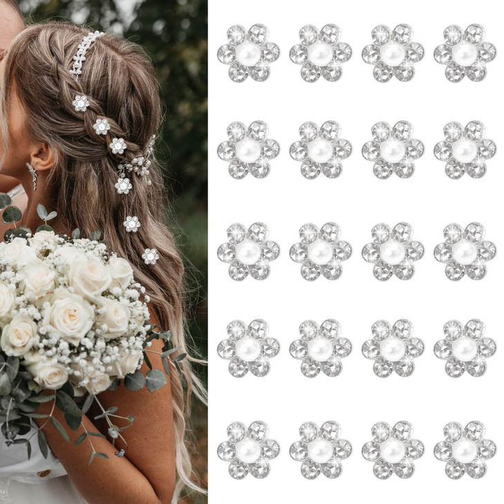Yission 20Pcs Mini Rhinestone Flower Hair Clips Cute White Pearl Hair Pins Small Decorative Hair Clips Wedding Hair Barrettes Bridal Hair