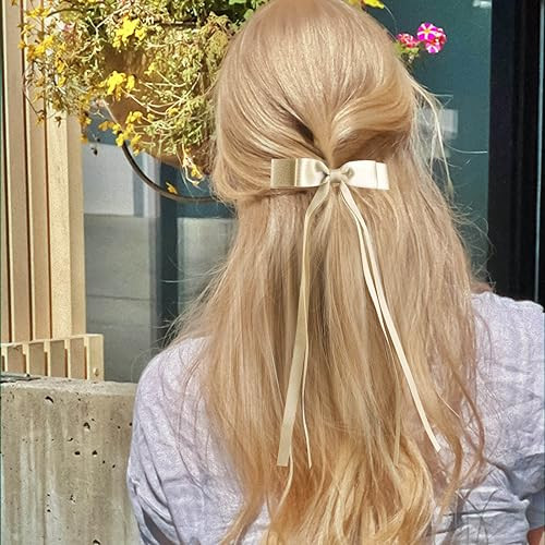 Vobobe 2Pcs Hair Bows For Women Girls Tassel Ribbon Bowknot Hair Clips Barrettes For Girl With Small Long Tail Solid Satin Hair Accessories