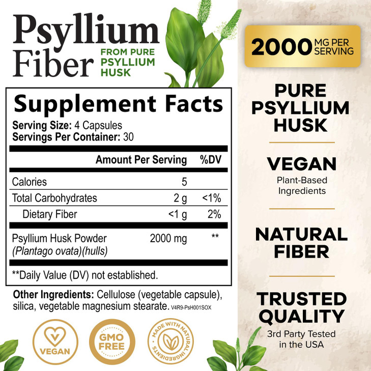 Psyllium Husk Fiber Supplement 2000mg - Extra Strength Psyllium Fiber Powder - Natural Soluble Fiber Pills, Supports Digestion, Colon Health & Regula