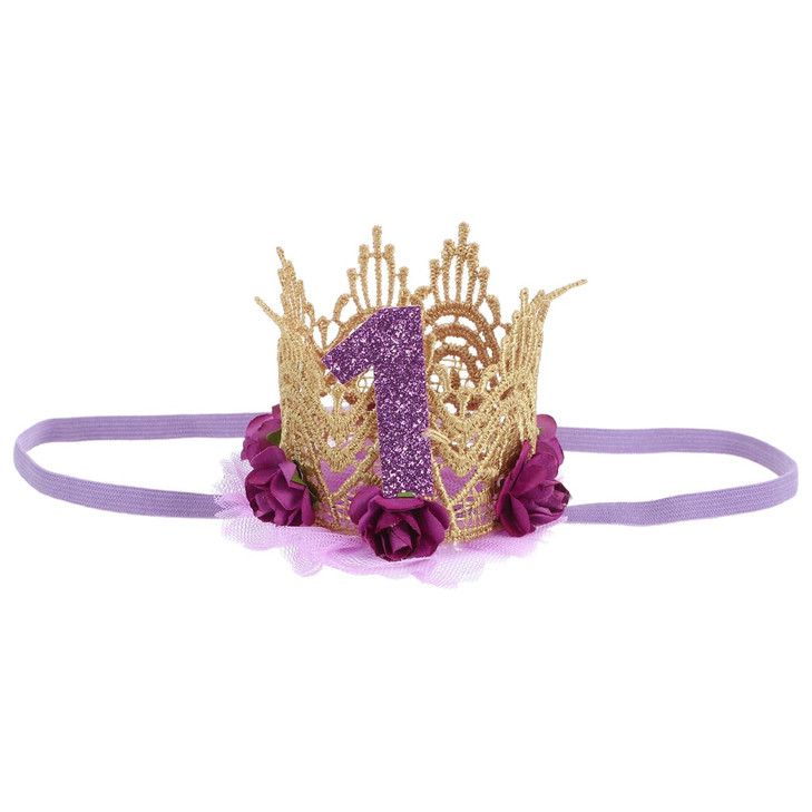 1St Birthday Tiara Headband For Baby Girl Glitter Number Tiara Flower Headband Toddler Infant Kids Purple Hat