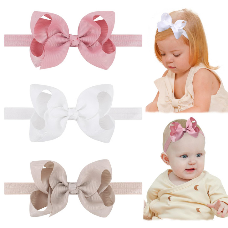 Jollybows Baby Girls Headbands 3 Pcs 4In Grosgrain Ribbon Hair Bows White Cream Pink For Baby Girls Infants Toddler Kids Teens And Children