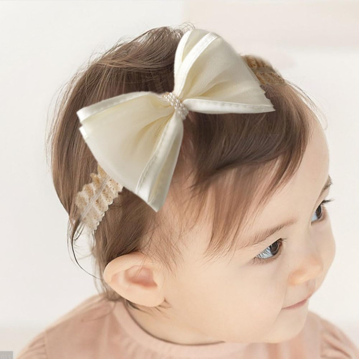 Asphinien Cute Baby Girl Lace Headband Lace Bow Hair Accessories Elastic Bow Head Wrap For Newborn Infant Toddler Christening Baptism Party