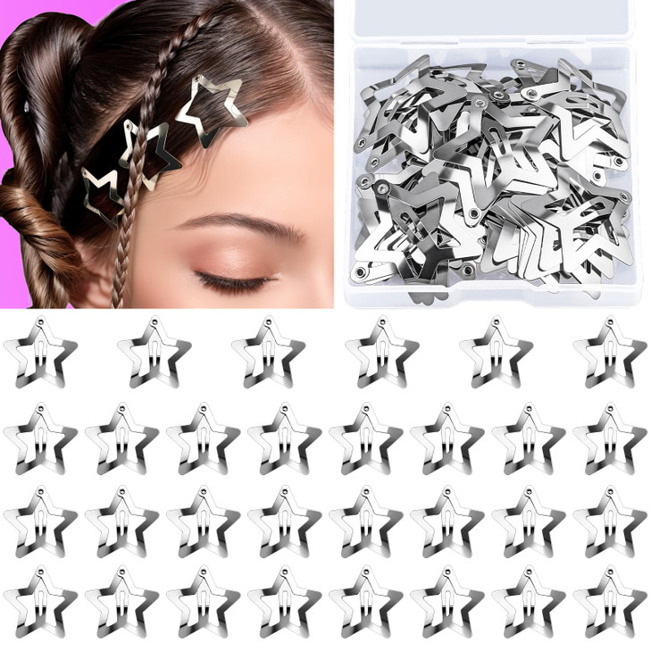 Ygdz Star Hair Clips And Barrettes Set 30 Pcs 1.22 Y2K Hair Accessories Silver Clips For Girls Women Rave Accessories No Slip Metal Snap