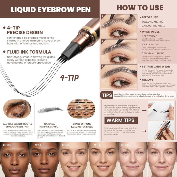 Espoce 2 Pack Eyebrow Pen Waterproof Microblading Eyebrow Pencil 4 Tip Precise Eye Brow Makeup Pen For Women To Effortlessly Create Hair