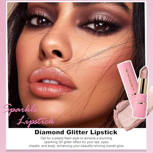Wugbc Metallic Lipstick Pink Glitter Lip Stick Long Lasting Waterproof Shimmer Nude Lipstick For Women Makeup Tinted Lip Balm Creamy Diamond