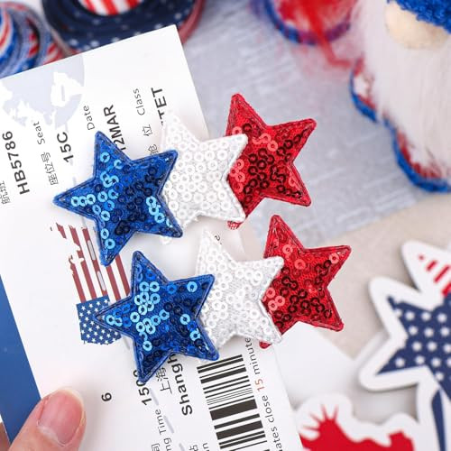Yanjie 4Th Of July Hair Bow Clips Blue Glitter Bow Red Star Hair Clips Hair Accessories White Sparkly Little Baby Alligator Clips Barrette