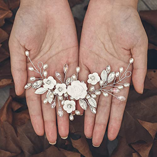 GORAIS Flower Wedding Hair Vine Pearl Bridal Hair Pieces Crystal Hair Accessories for Bride and Women